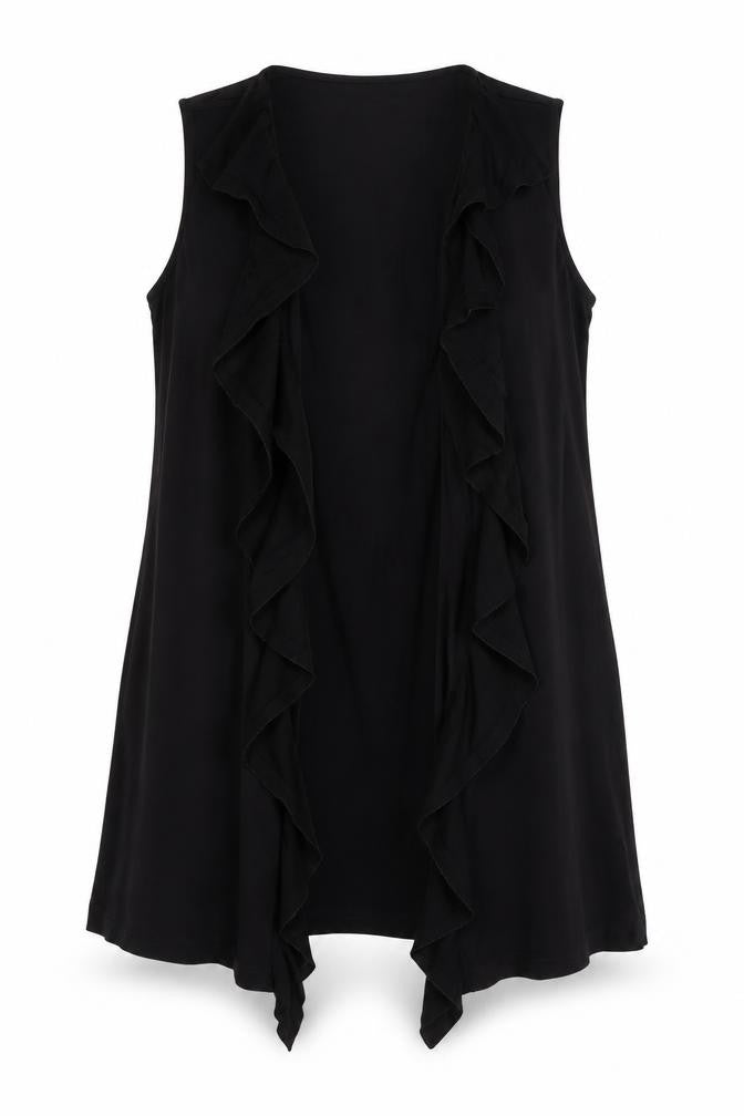 Front view of Per Una women’s black jacket waistcoat, size UK 18, - ruffle collar