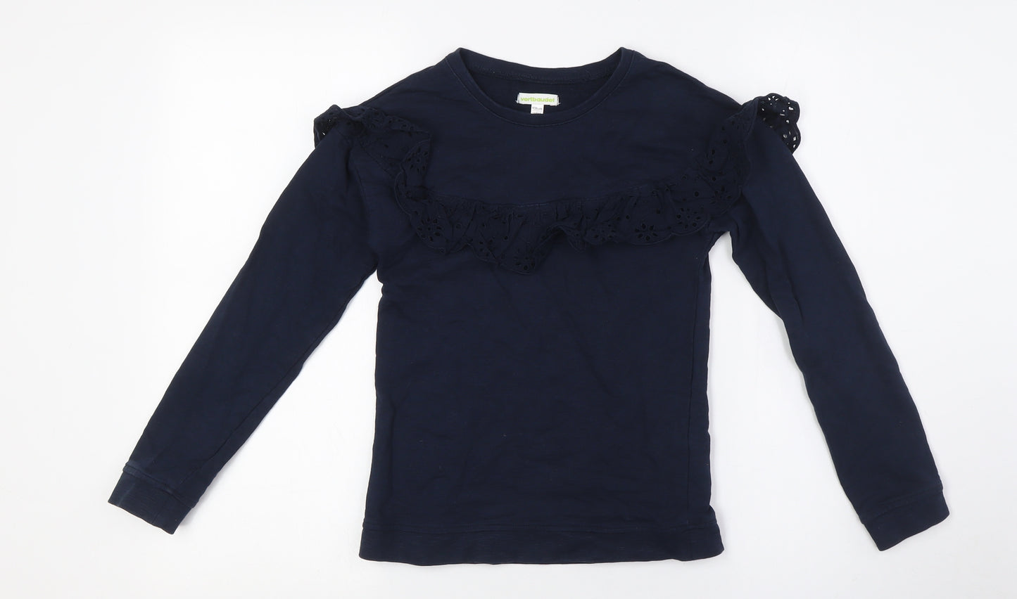 Vertbaudet Girls Blue Cotton Basic T-Shirt Size 10 Years Crew Neck - Ruffle Collar