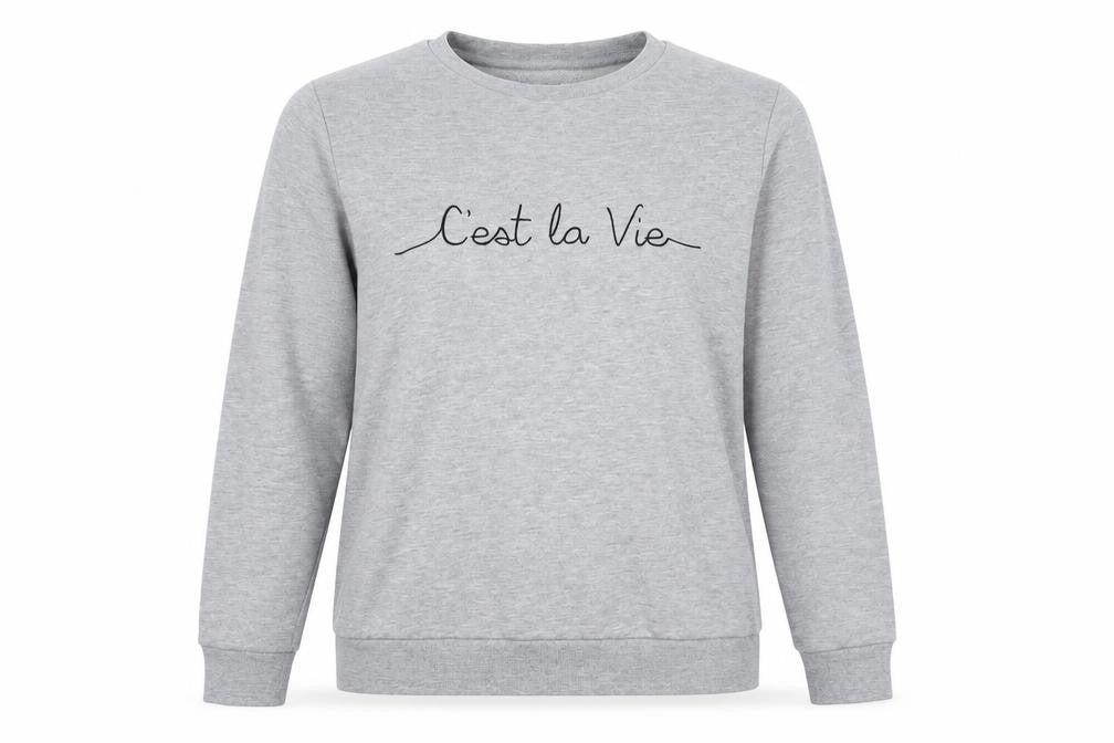 Front view of Warehouse women’s grey cotton pullover sweatshirt, size M, - c'est la vie
