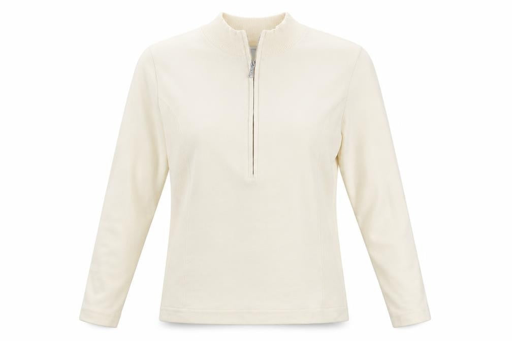 Front view of green lamb women’s ivory round neck herringbone cotton jumper, size UK 8