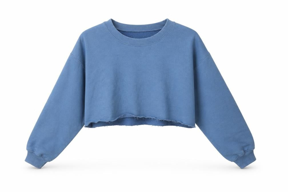 Front view of PRETTYLITTLETHING women’s blue cotton pullover sweatshirt, size S, - cropped