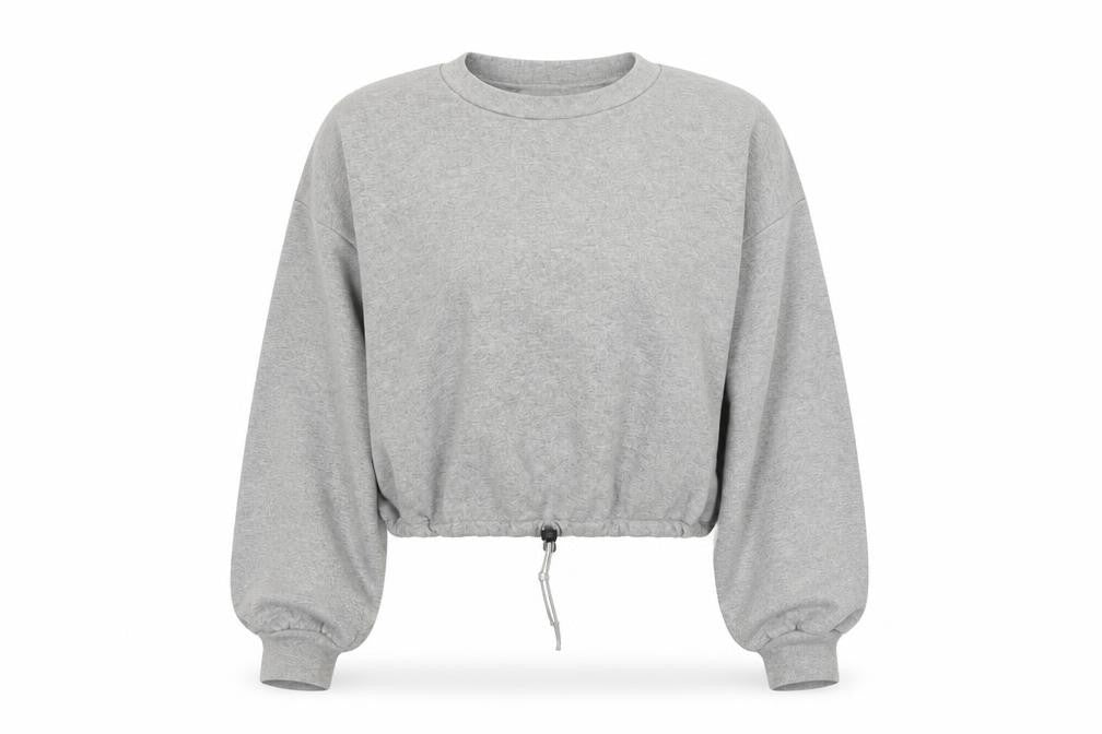 Front view of PRETTYLITTLETHING women’s grey polyester pullover sweatshirt, size UK 4, - cropped