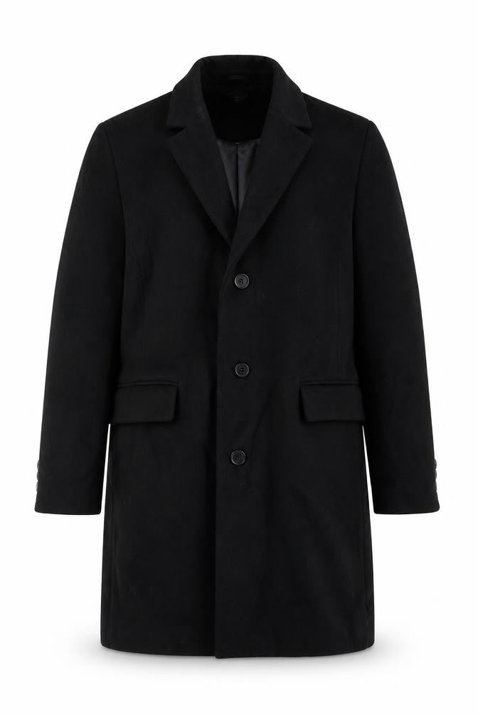 Front view of Topman men’s black overcoat coat, size XL, button