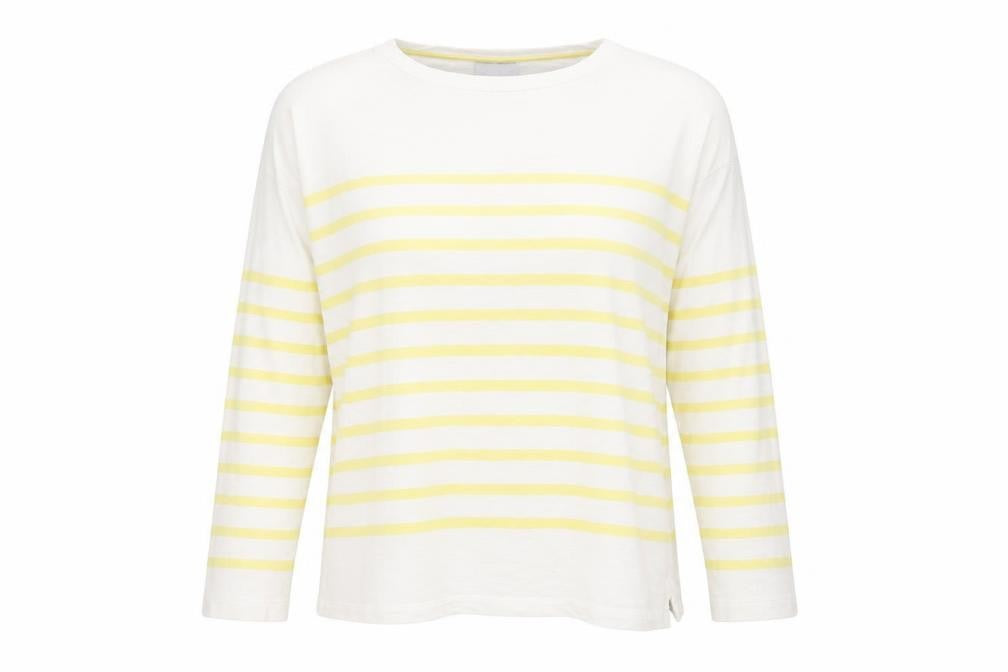 Front view of Oliver Bonas women’s white striped cotton basic t-shirt, size UK 14, round neck