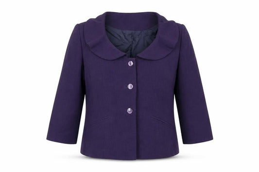 Front view of Quin and Donnelly women’s purple jacket blazer, size UK 12, button