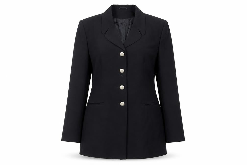 Front view of Classics Woman women’s black jacket blazer, size UK 12, button
