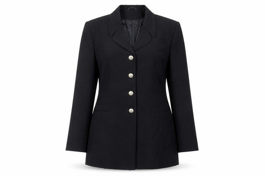 Front view of Classics Woman women’s black jacket blazer, size UK 12, button