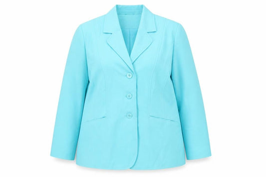 Front view of Essentials Collection women’s blue jacket blazer, size UK 20, button