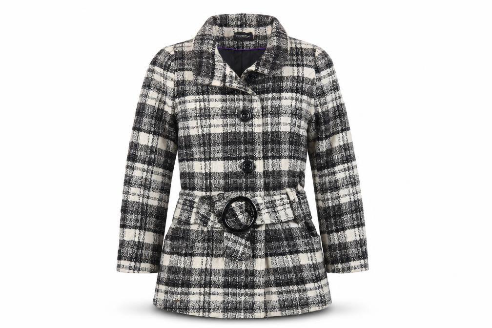 Front view of Debenhams women’s grey plaid jacket, size UK 18, button - belted