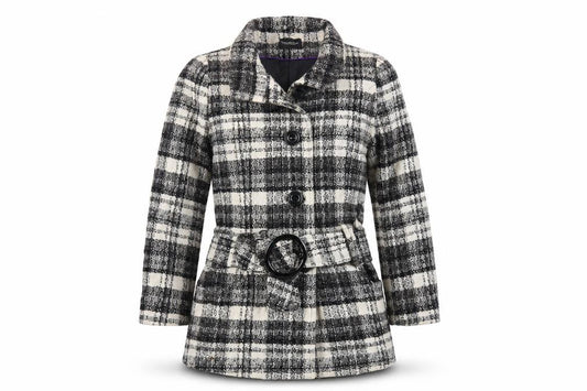 Front view of Debenhams women’s grey plaid jacket, size UK 18, button - belted
