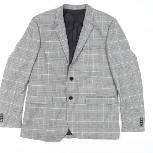 H&M Mens Grey Plaid Polyester Jacket Blazer Size 42 Regular