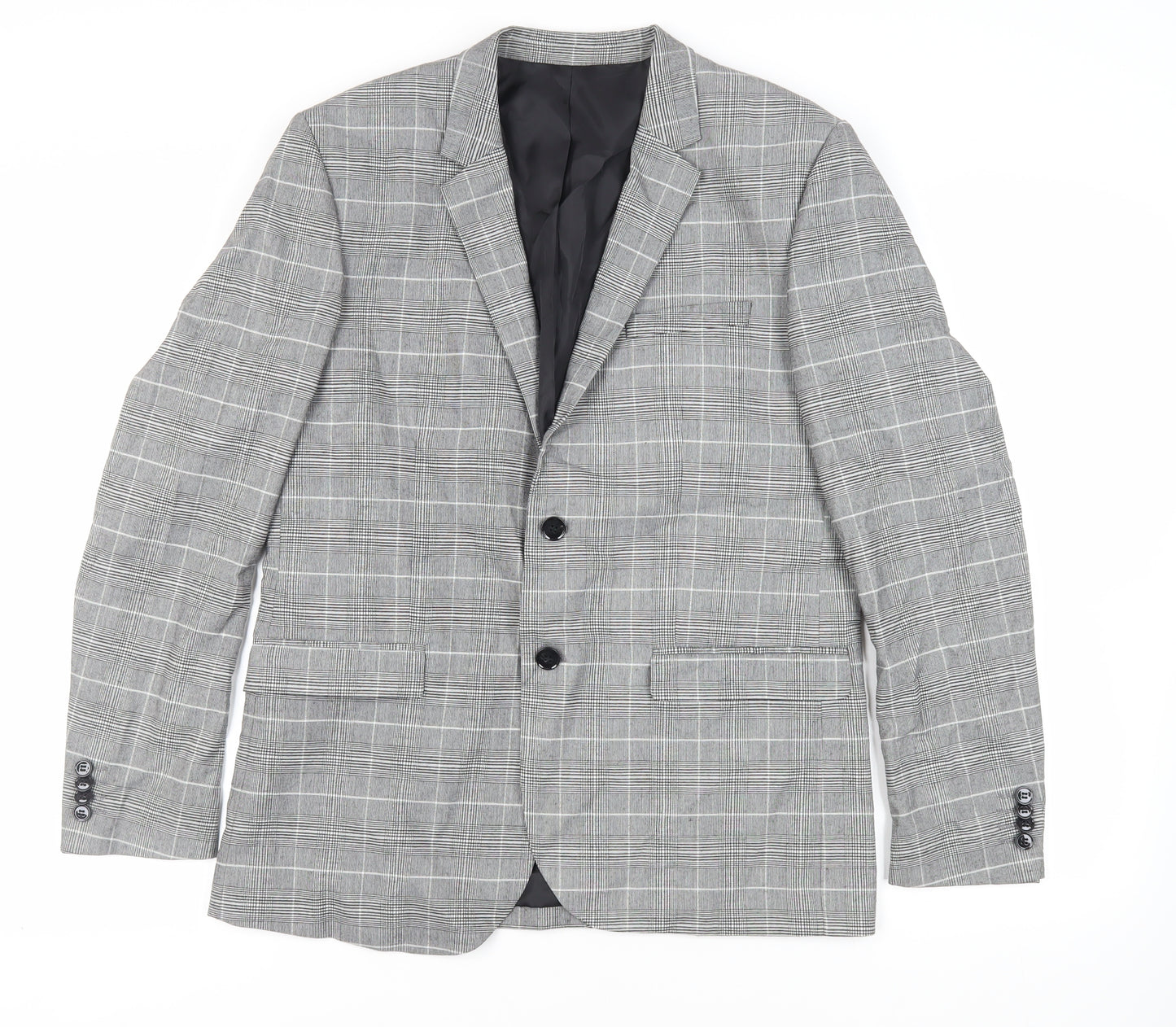 H&M Mens Grey Plaid Polyester Jacket Blazer Size 42 Regular