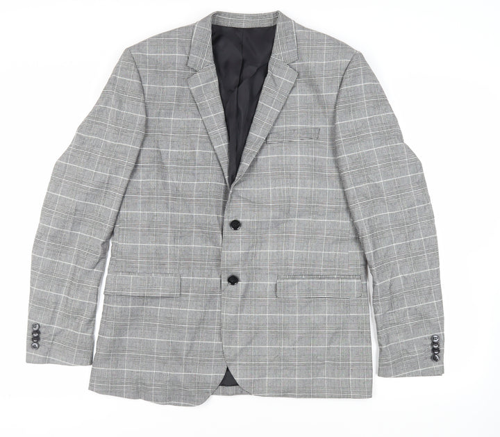 H&M Mens Grey Plaid Polyester Jacket Blazer Size 42 Regular