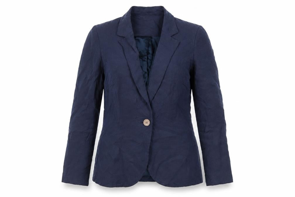 Front view of H&M women’s blue jacket blazer, size UK 10, button