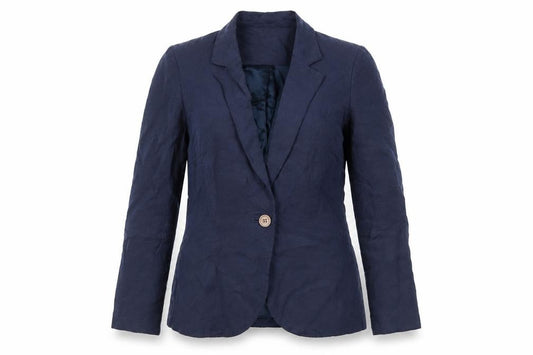 Front view of H&M women’s blue jacket blazer, size UK 10, button