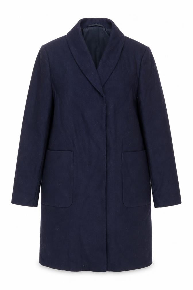 Front view of John Lewis women’s blue overcoat coat, size UK 12, button