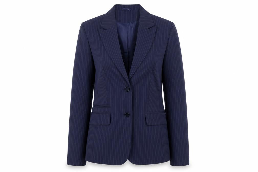 Front view of Etam women’s blue striped jacket blazer, size UK 12, button