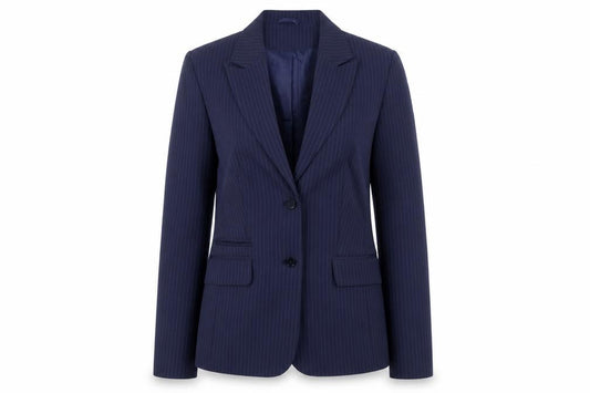 Front view of Etam women’s blue striped jacket blazer, size UK 12, button