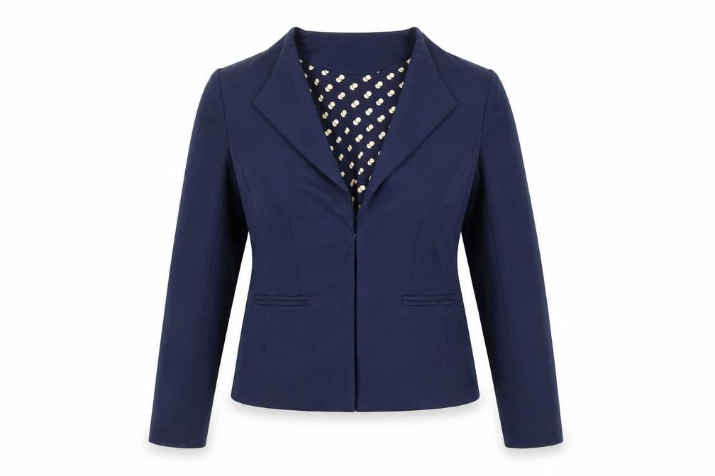 Front view of Uttam Boutique women’s blue jacket blazer, size UK 8, hook & eye