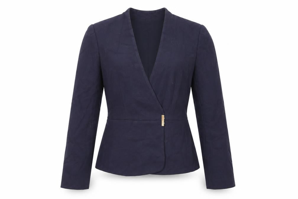 Front view of Marks & Spencer women’s blue jacket blazer, size UK 10, snap