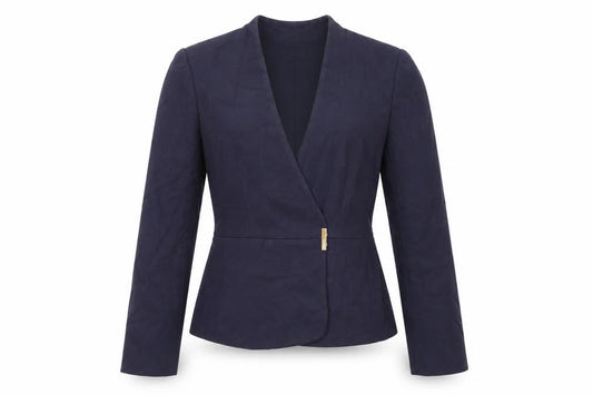 Front view of Marks & Spencer women’s blue jacket blazer, size UK 10, snap
