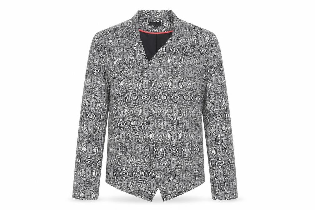Front view of New Look women’s blue geometric jacket blazer, size UK 12, - open