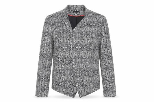 Front view of New Look women’s blue geometric jacket blazer, size UK 12, - open