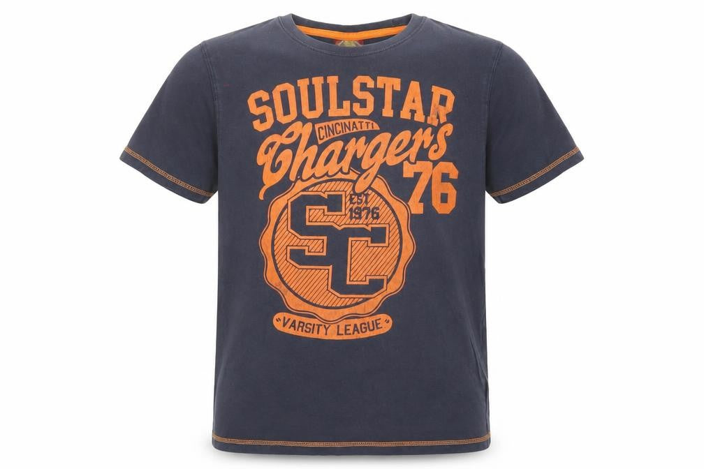 Front view of Soul Star boys’ blue cotton basic t-shirt, size 13, years crew neck pullover