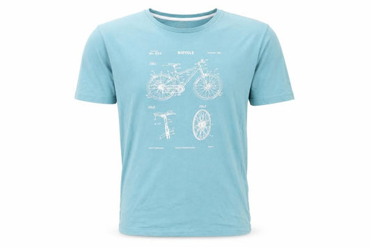 Front view of Marks & Spencer men’s blue cotton t-shirt, size S, crew neck - bicycle print
