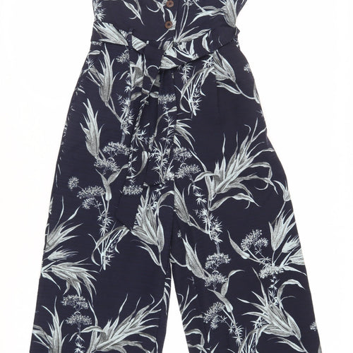 Warehouse Womens Blue Floral Polyester Jumpsuit One-Piece Size 8 L24 in Button - Belted