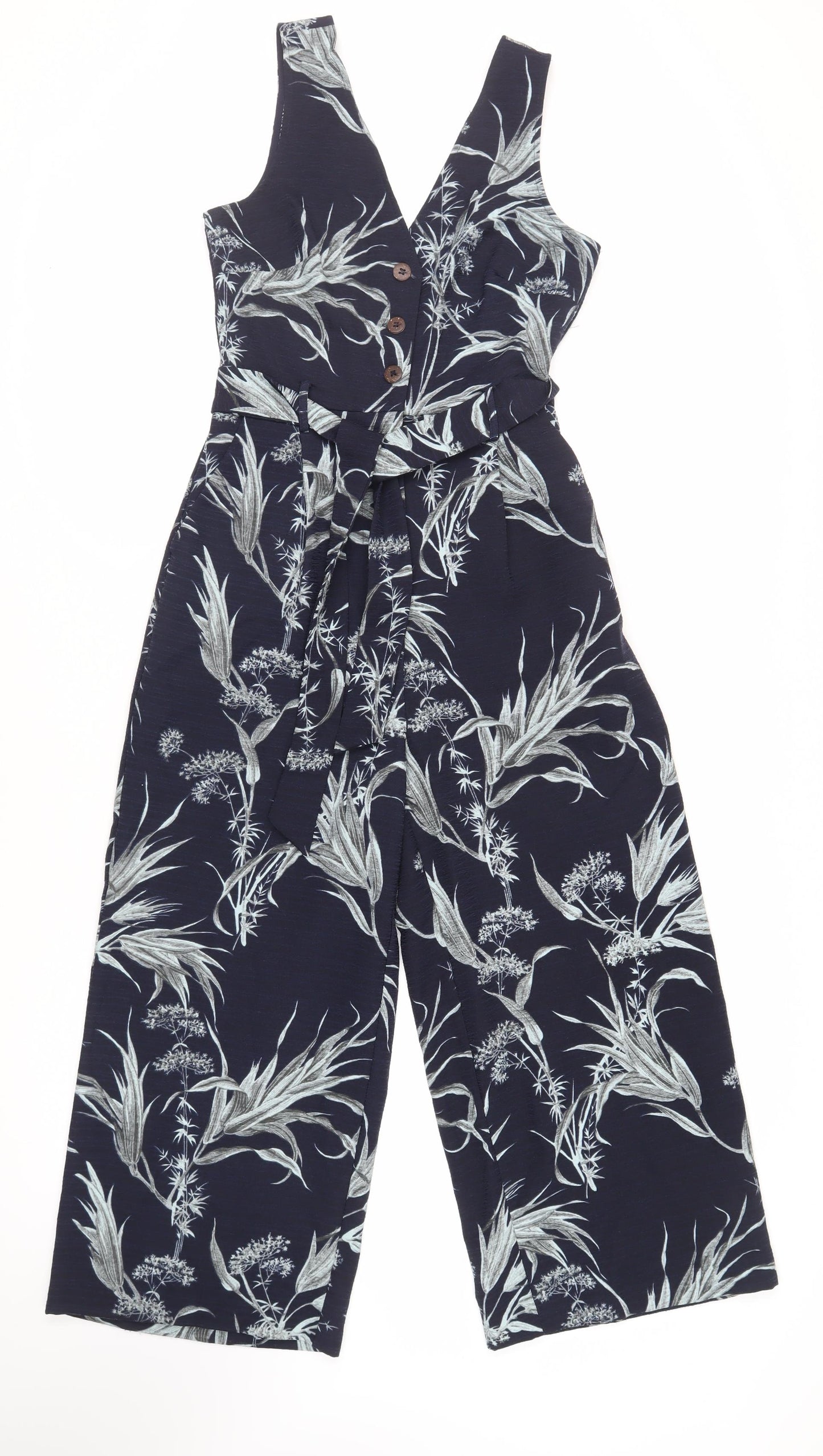 Warehouse Womens Blue Floral Polyester Jumpsuit One-Piece Size 8 L24 in Button - Belted