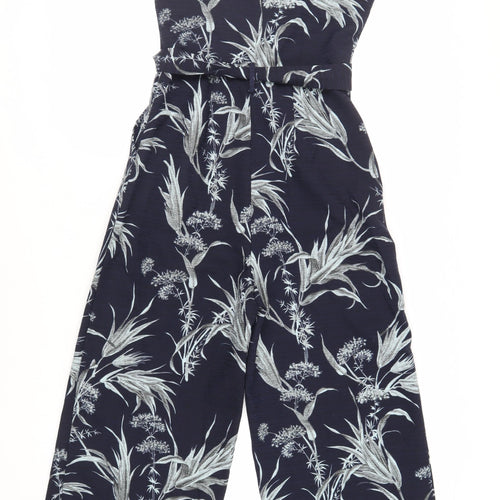 Warehouse Womens Blue Floral Polyester Jumpsuit One-Piece Size 8 L24 in Button - Belted