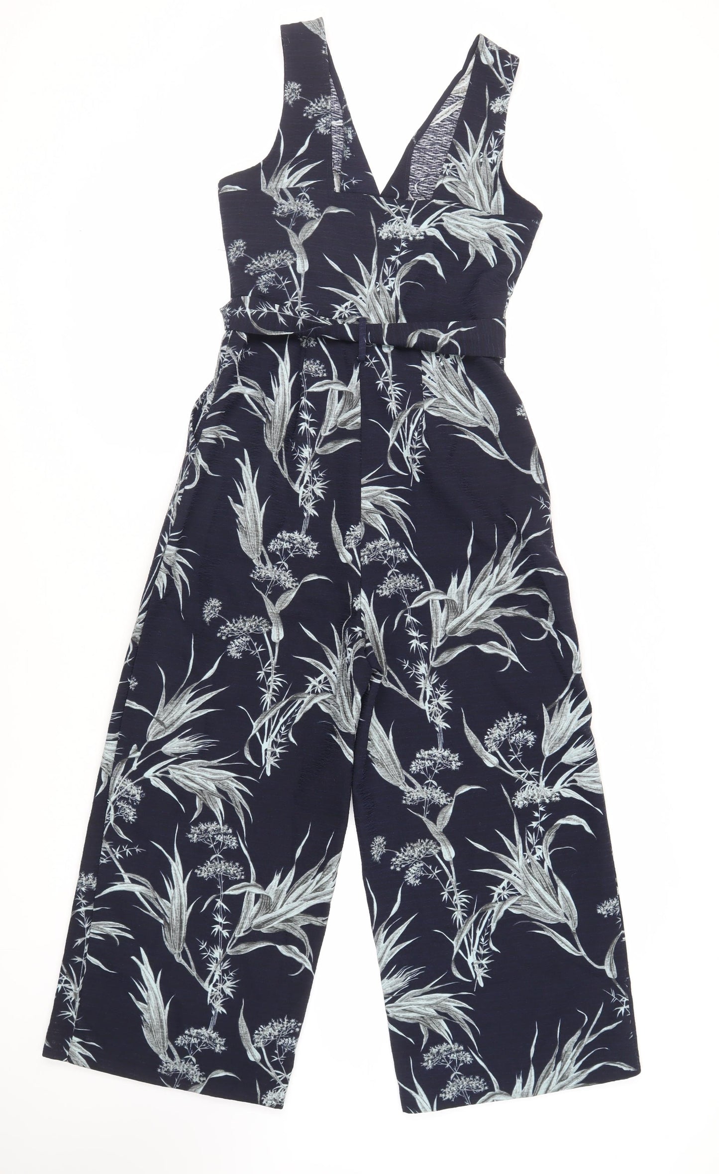 Warehouse Womens Blue Floral Polyester Jumpsuit One-Piece Size 8 L24 in Button - Belted