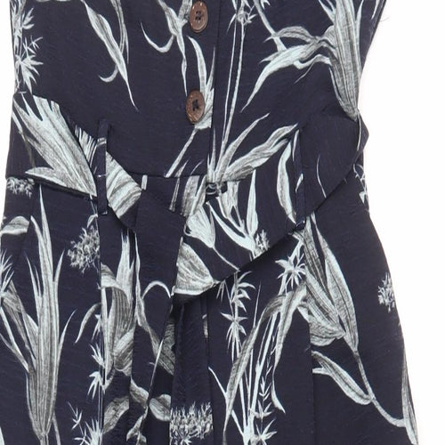 Warehouse Womens Blue Floral Polyester Jumpsuit One-Piece Size 8 L24 in Button - Belted