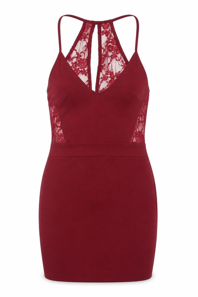 Front view of Boohoo women’s red polyester mini, size UK 12, scoop neck pullover - lace detail
