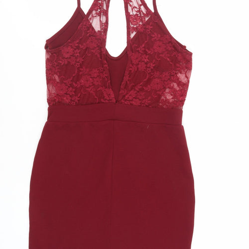 Boohoo Womens Red Polyester Mini Size 12 Scoop Neck Pullover - Lace Detail