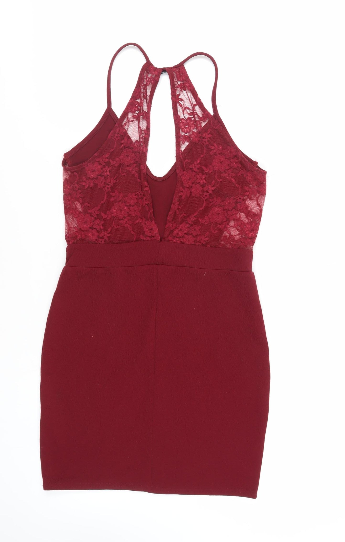 Boohoo Womens Red Polyester Mini Size 12 Scoop Neck Pullover - Lace Detail