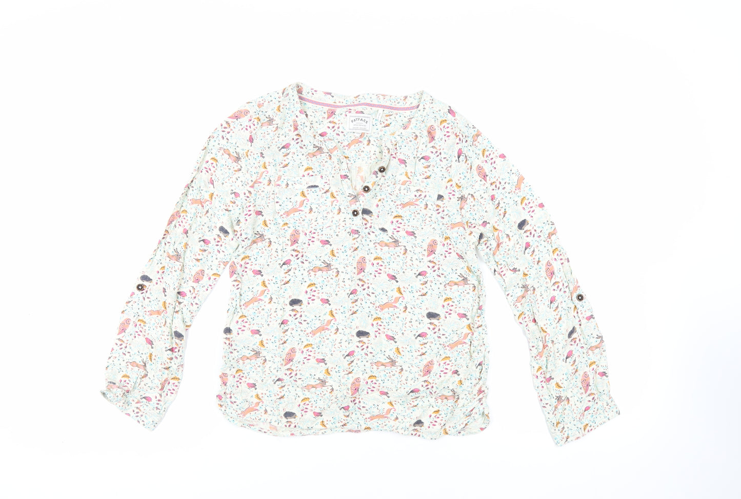 Fat Face Girls Ivory Geometric Viscose Basic Blouse Size 12-13 Years Round Neck Button