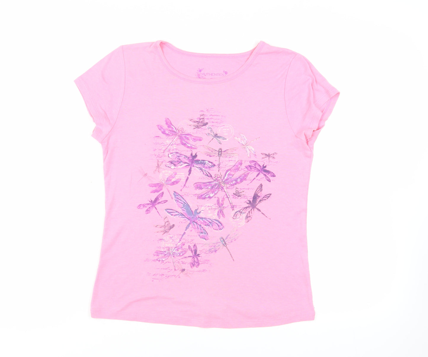 BHS Womens Pink Polyester Basic T-Shirt Size 12 Round Neck - Dragonfly Print