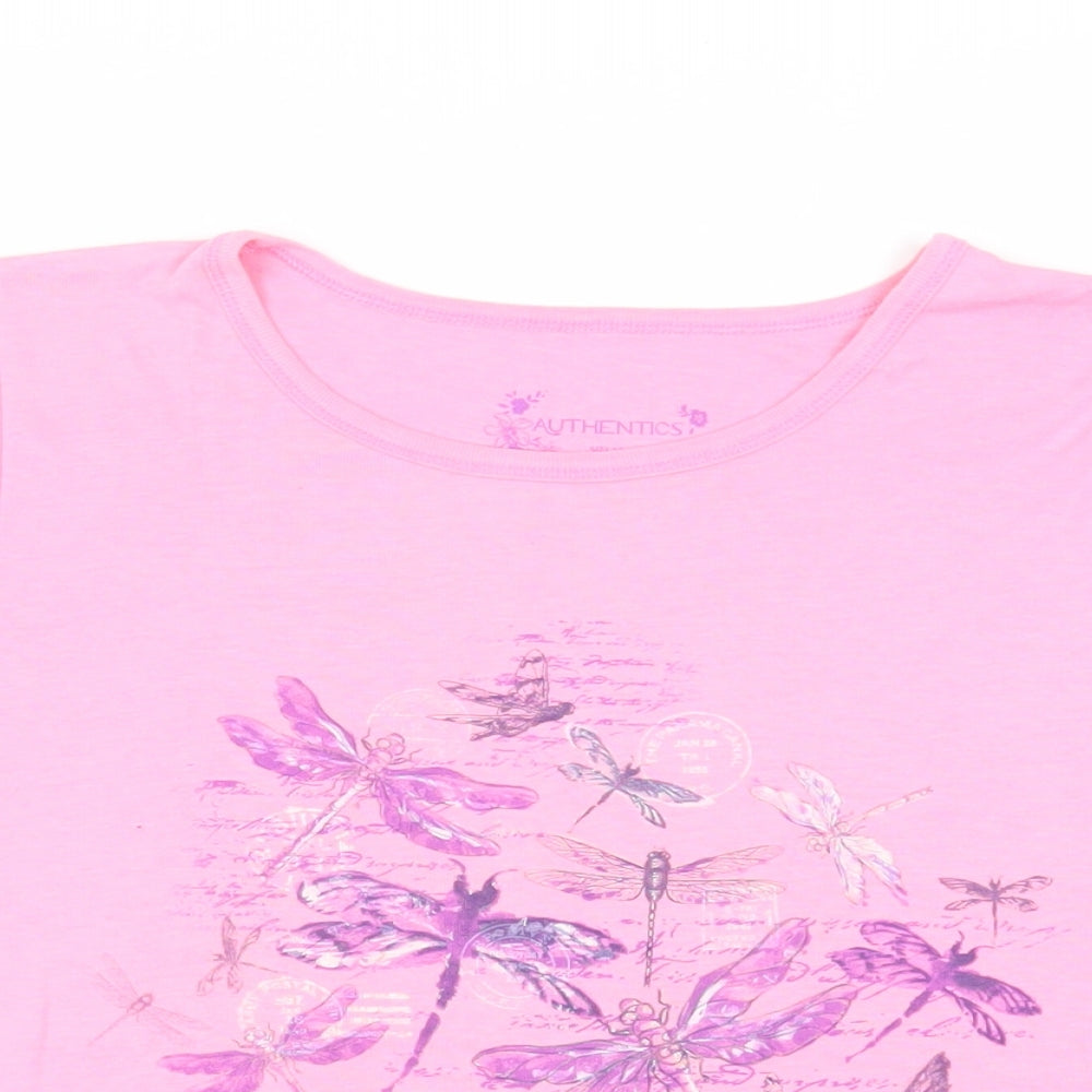 BHS Womens Pink Polyester Basic T-Shirt Size 12 Round Neck - Dragonfly Print