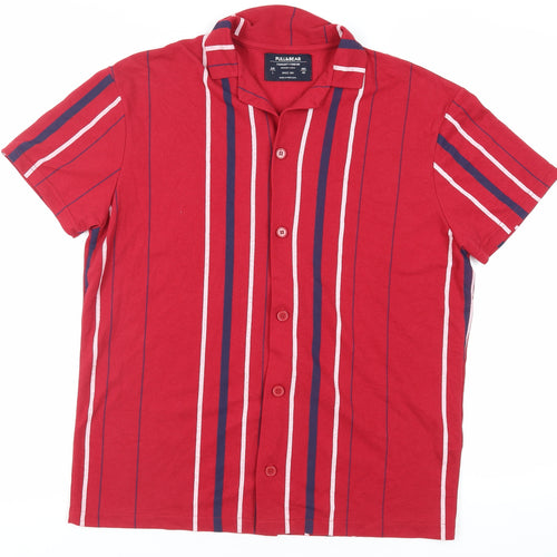 Pull&Bear Mens Red Striped Polyester Button-Up Size L Collared Button