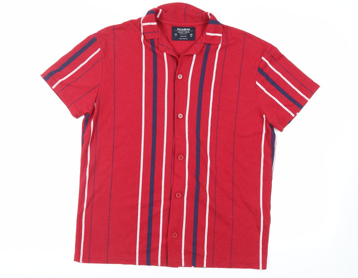 Pull&Bear Mens Red Striped Polyester Button-Up Size L Collared Button