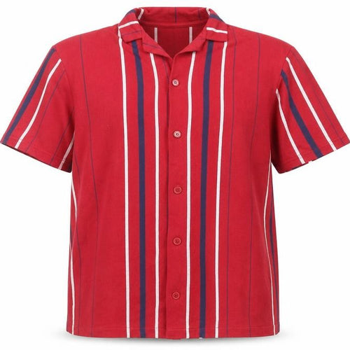 Pull&Bear Mens Red Striped Polyester Button-Up Size L Collared Button