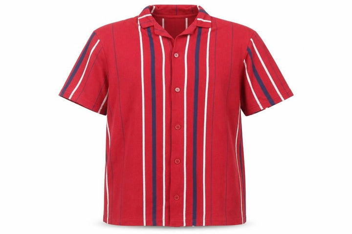 Pull&Bear Mens Red Striped Polyester Button-Up Size L Collared Button