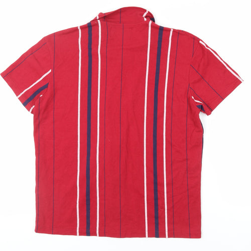 Pull&Bear Mens Red Striped Polyester Button-Up Size L Collared Button