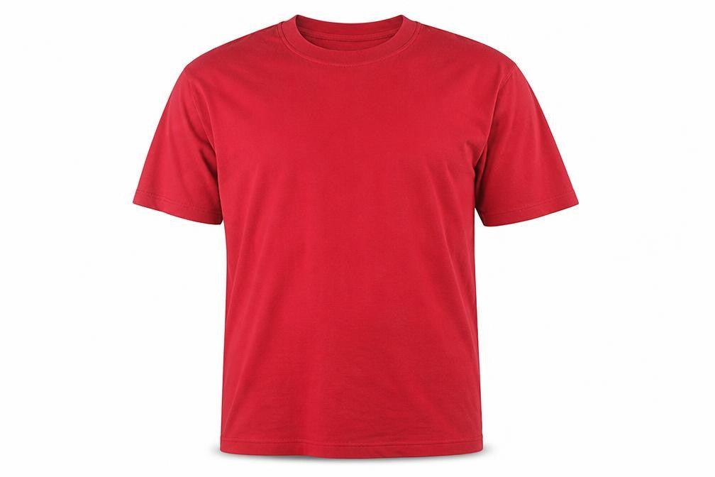 Front view of Essentials men’s red cotton t-shirt, size L, crew neck