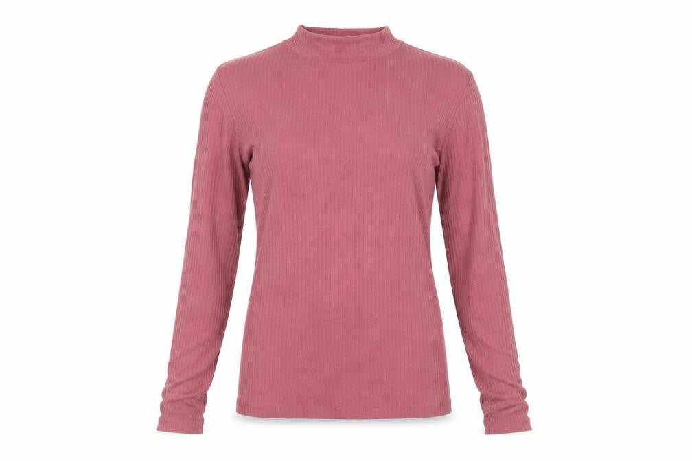 Front view of River Island women’s purple polyester basic t-shirt, size UK 8, mock neck - ribbed