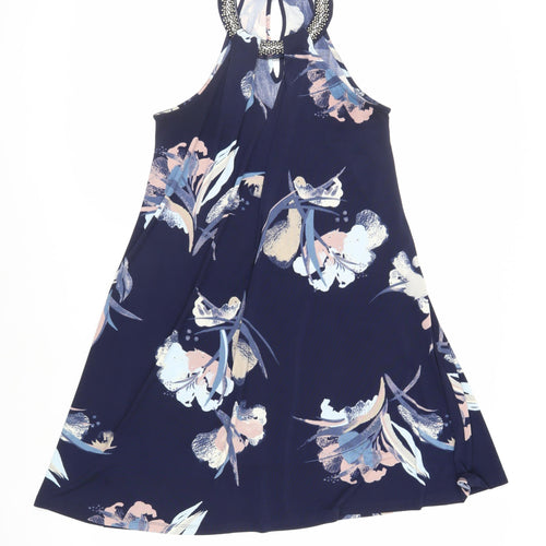 NEXT Womens Blue Floral Polyester Trapeze & Swing Size 8 Halter Button - Embellished Neckline