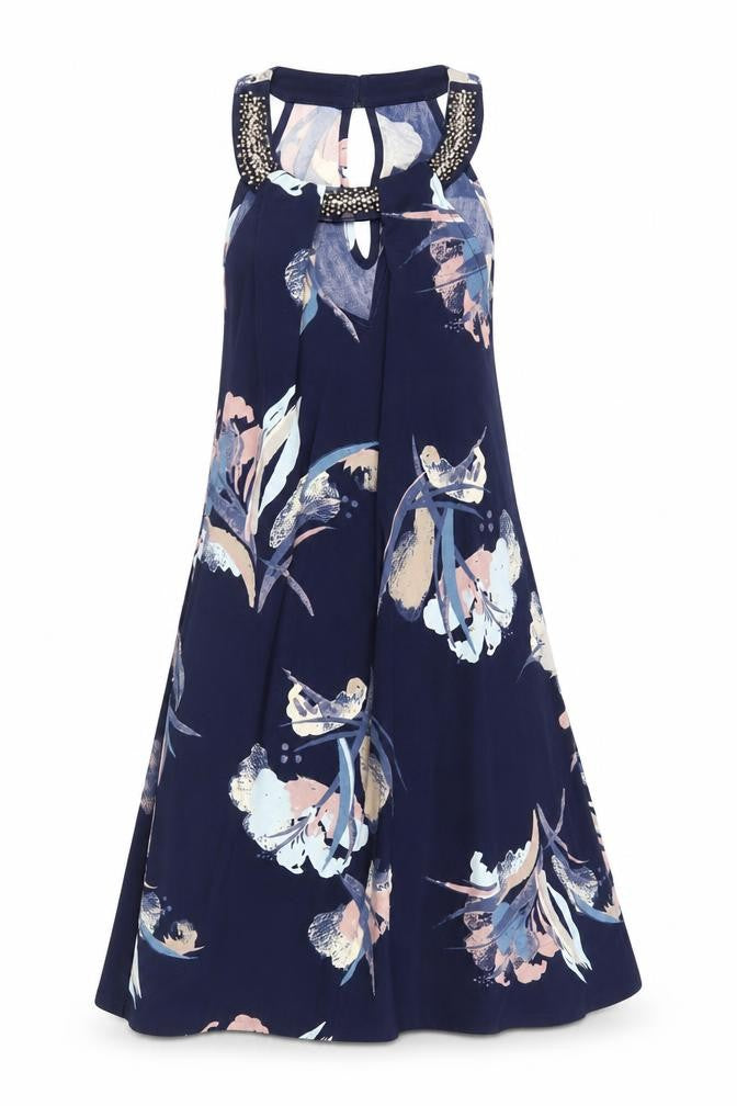 Front view of Next women’s blue floral polyester trapeze & swing, size UK 8, halter button - embellished neckline