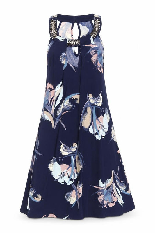 Front view of Next women’s blue floral polyester trapeze & swing, size UK 8, halter button - embellished neckline